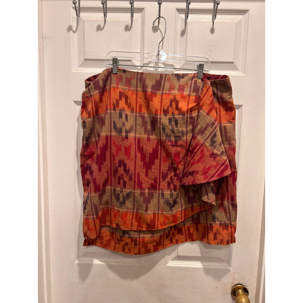 Lauren Ralph Lauren Women 18W Ikat Cotton Linen Wrap Skirt Orange Red Brown Boho